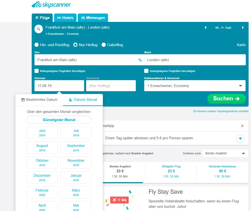 Skyscanner Flugsuche für den ganzen Monat